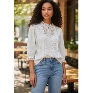 Paposon White Floral Crochet Lace Dobby Button Front Blouse Top S-Romantic